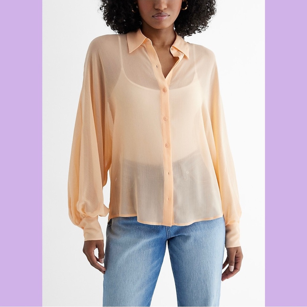NWT Express Orange Sheer Long Sleeve Button Up Shirt